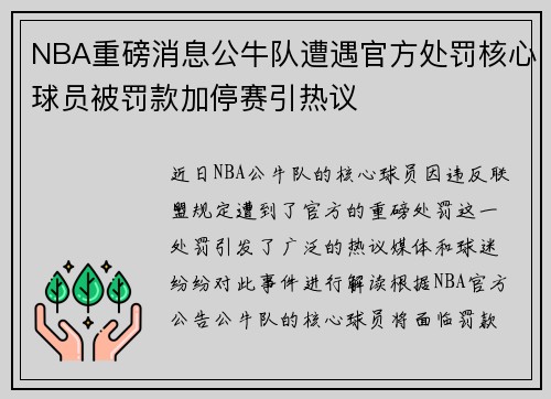 NBA重磅消息公牛队遭遇官方处罚核心球员被罚款加停赛引热议