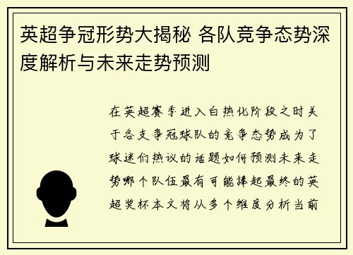 英超争冠形势大揭秘 各队竞争态势深度解析与未来走势预测 英超争冠形势大揭秘 各队竞争态势深度解析与未来走势预测